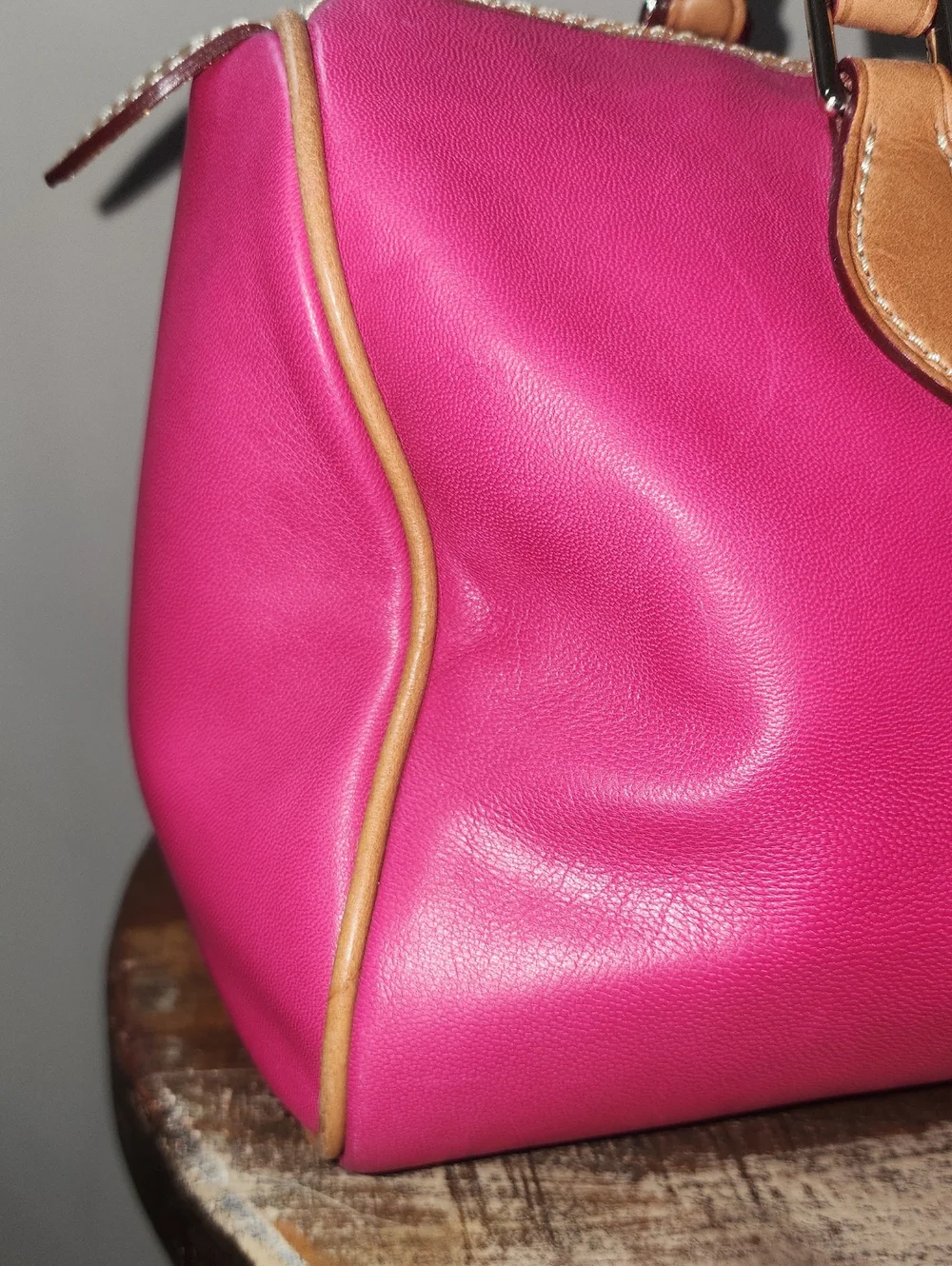 Dooney & Bourke Hot Pink Smooth Soft Leather Satchel Tan Handles Barrel Purse